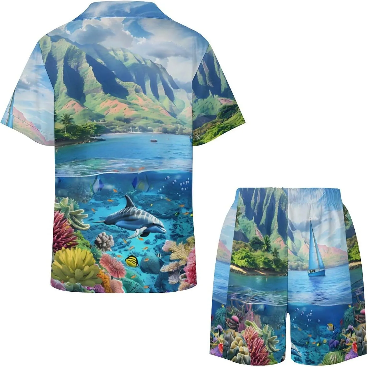 Hawaiian Life Sea Fish Women's Satin Pajama Set Short Sleeve Button Down Sleepwear Loungewear Pj Set