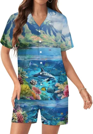 Hawaiian Life Sea Fish Women's Satin Pajama Set Short Sleeve Button Down Sleepwear Loungewear Pj Set