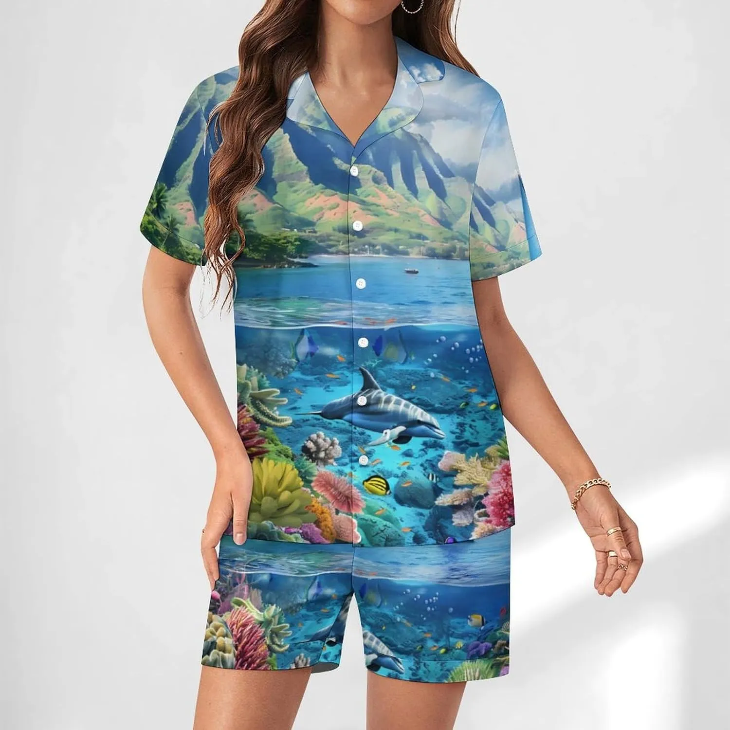 Hawaiian Life Sea Fish Women's Satin Pajama Set Short Sleeve Button Down Sleepwear Loungewear Pj Set