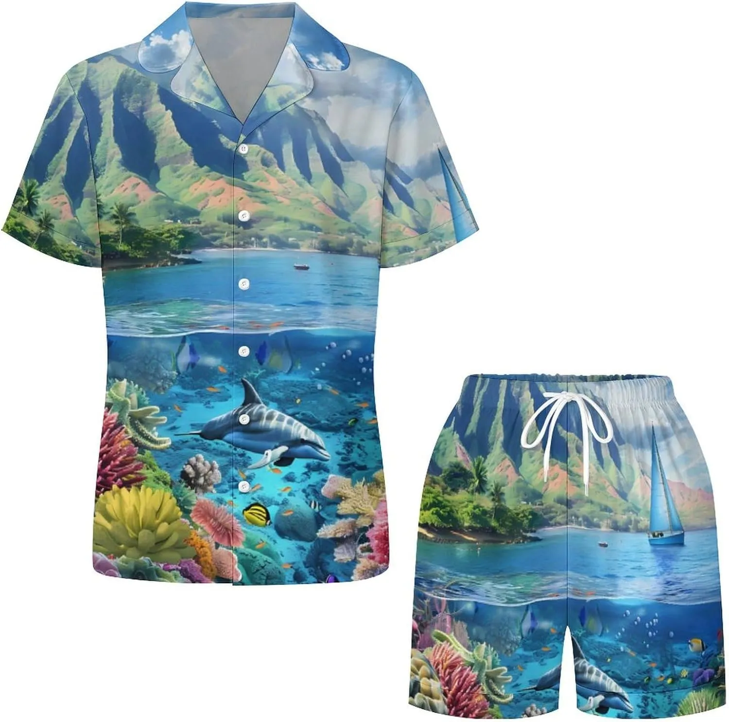 Hawaiian Life Sea Fish Women's Satin Pajama Set Short Sleeve Button Down Sleepwear Loungewear Pj Set