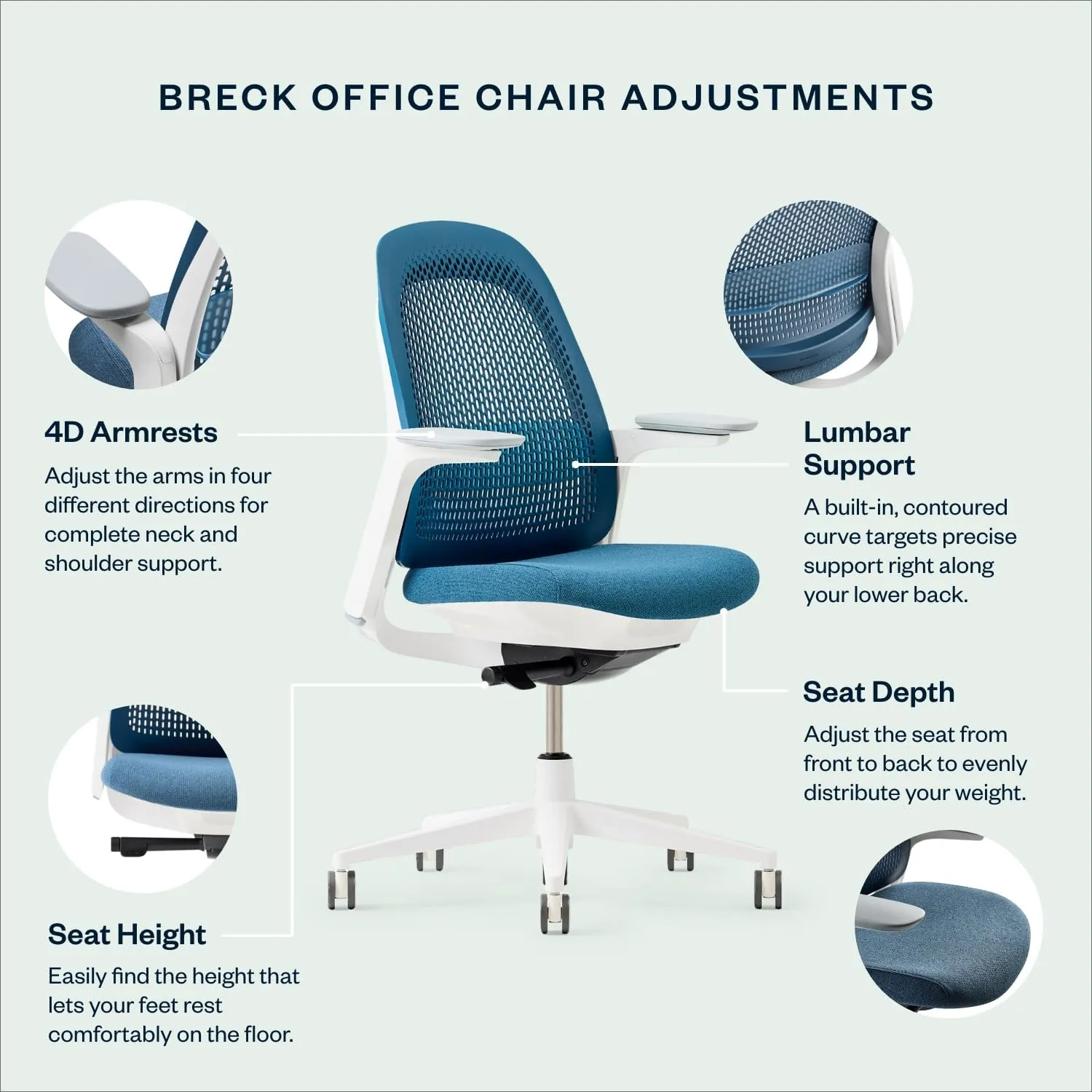 Haworth Breck Office Chair - Ergonomic Desk Seat with Height-Adjustable Lumbar Support, White Trim, Duo-Tone Hard Casters, and 4D-Arms (Lunar)