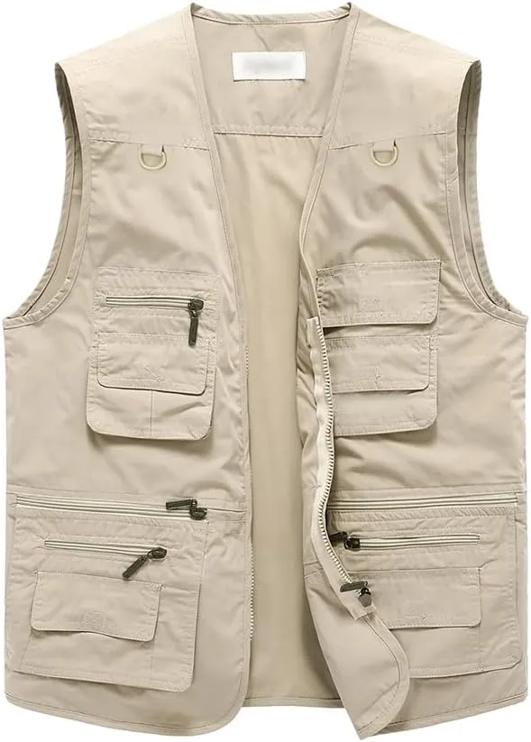 Hbufnha Men's Casual Safari Travel Vest 16 Pockets Outdoor Work Vest Sleeveless Jacket Fishing Hiking Photograph