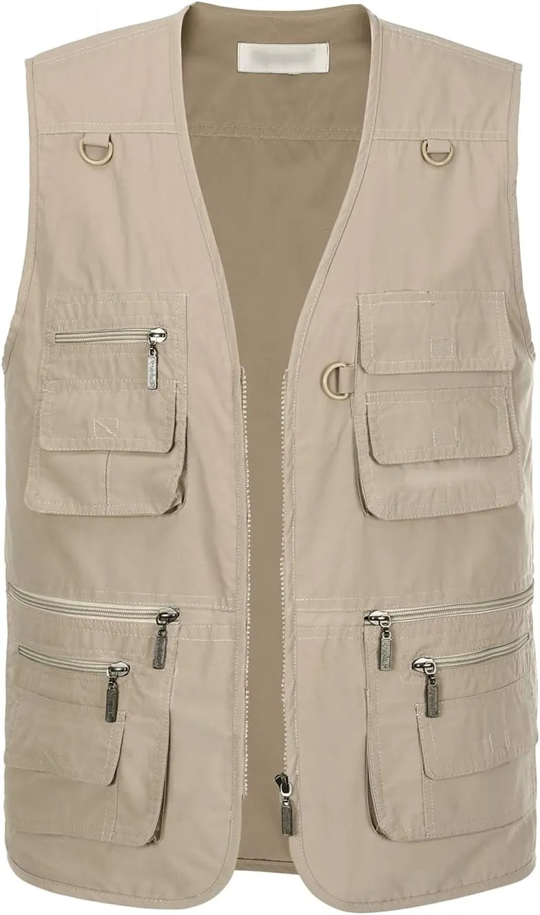 Hbufnha Men's Casual Safari Travel Vest 16 Pockets Outdoor Work Vest Sleeveless Jacket Fishing Hiking Photograph