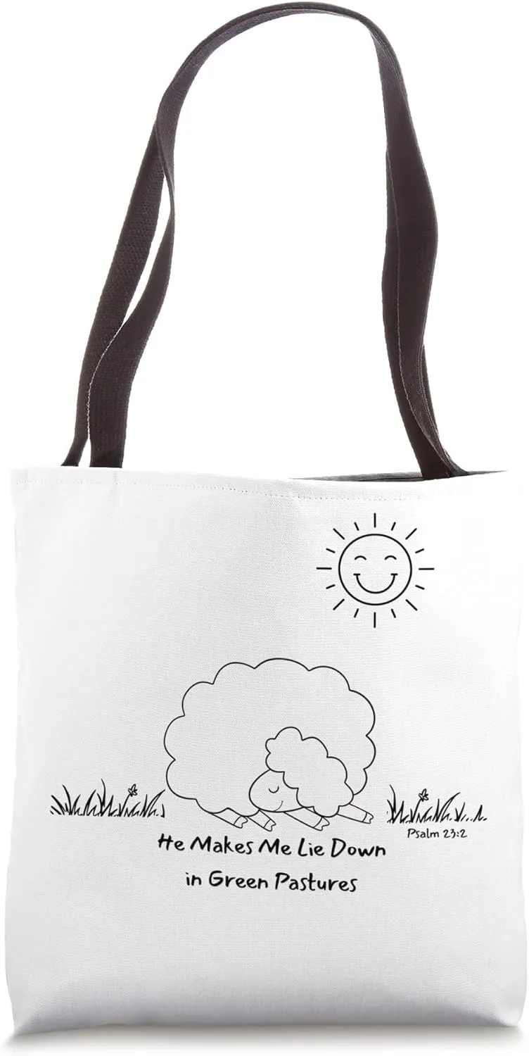 He Makes Me Lie Down In Green Pastures Sheep Tote Bag