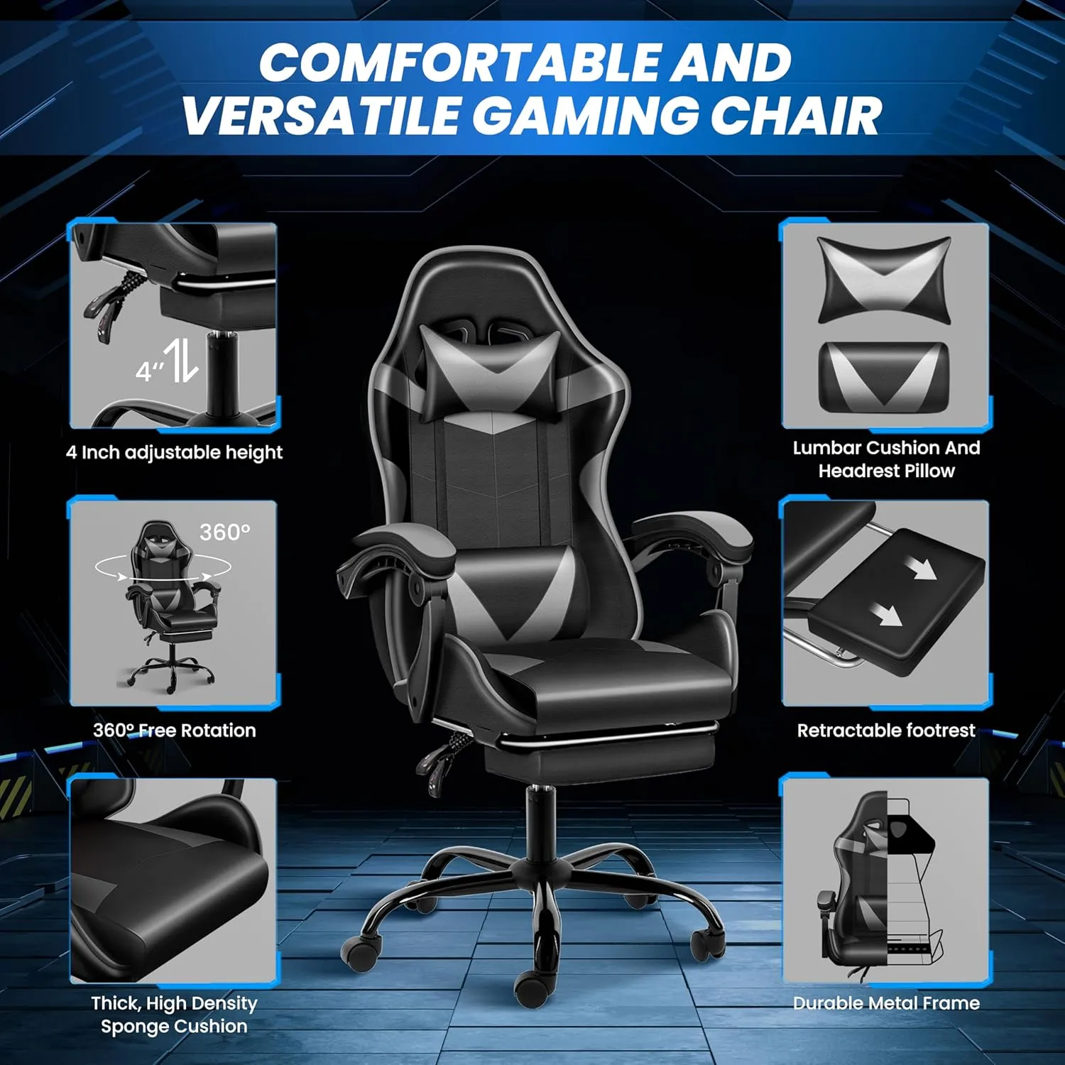 HealSmart Gaming Chair, Backrest and Seat Height Adjustable Swivel Recliner Racing Office Ergonomic Video Game Chair with Footrest (Black/Grey)