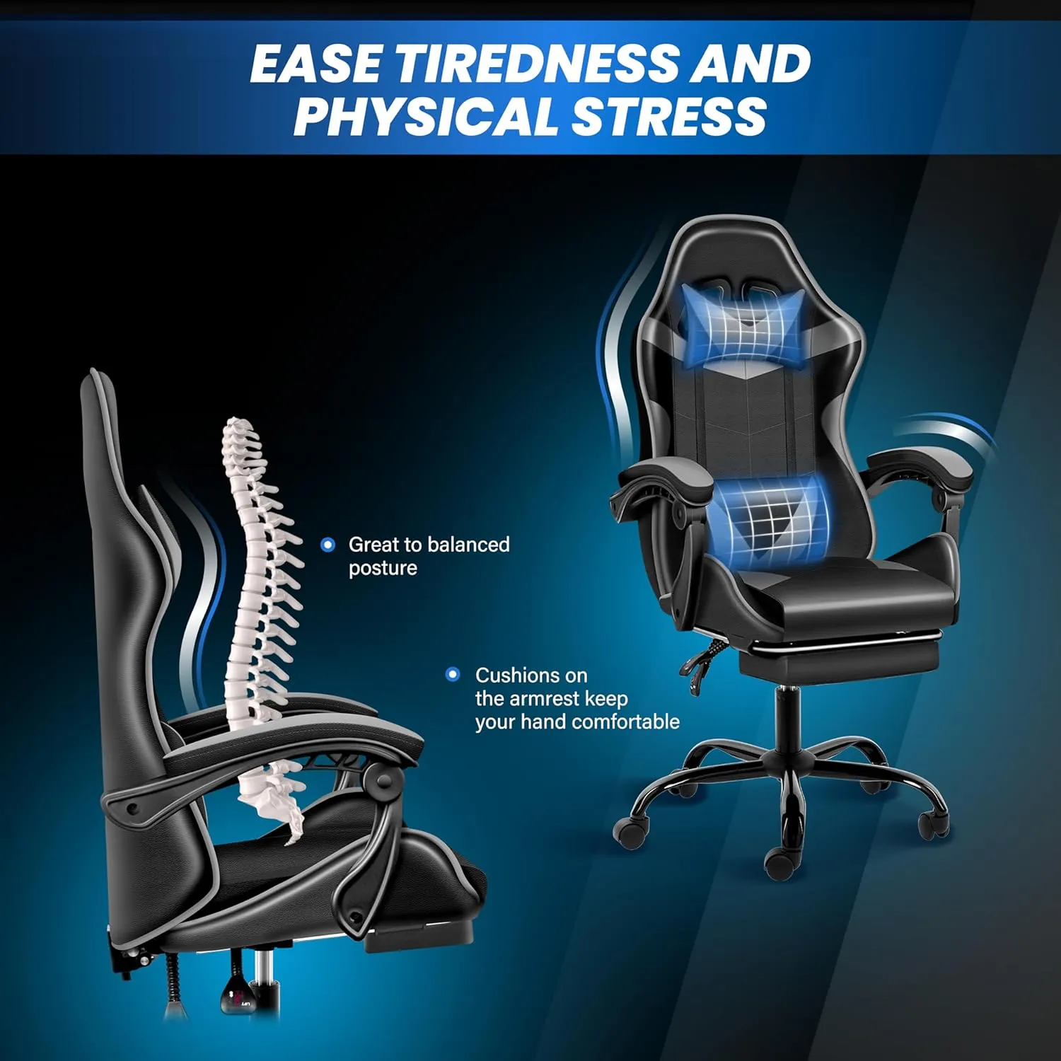 HealSmart Gaming Chair, Backrest and Seat Height Adjustable Swivel Recliner Racing Office Ergonomic Video Game Chair with Footrest (Black/Grey)