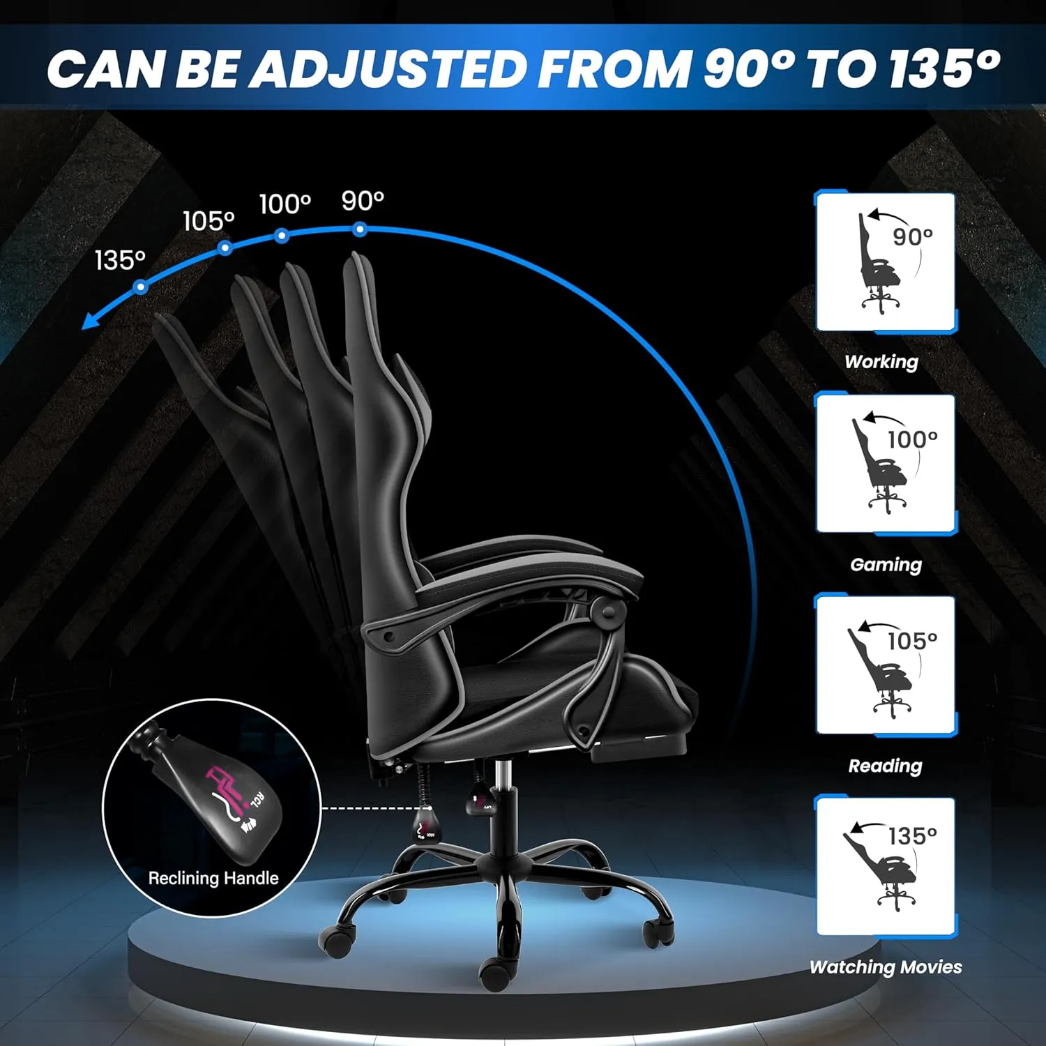 HealSmart Gaming Chair, Backrest and Seat Height Adjustable Swivel Recliner Racing Office Ergonomic Video Game Chair with Footrest (Black/Grey)