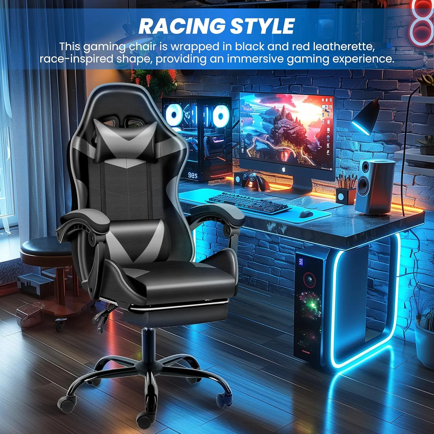 HealSmart Gaming Chair, Backrest and Seat Height Adjustable Swivel Recliner Racing Office Ergonomic Video Game Chair with Footrest (Black/Grey)