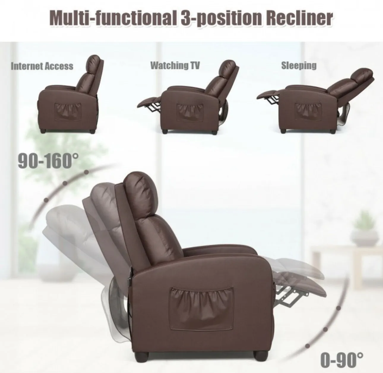 Heavy Duty Comfortable Massage Recliner Chair Wingback Single Chair With Side Pocket, Remote | 8 Massage Modes
