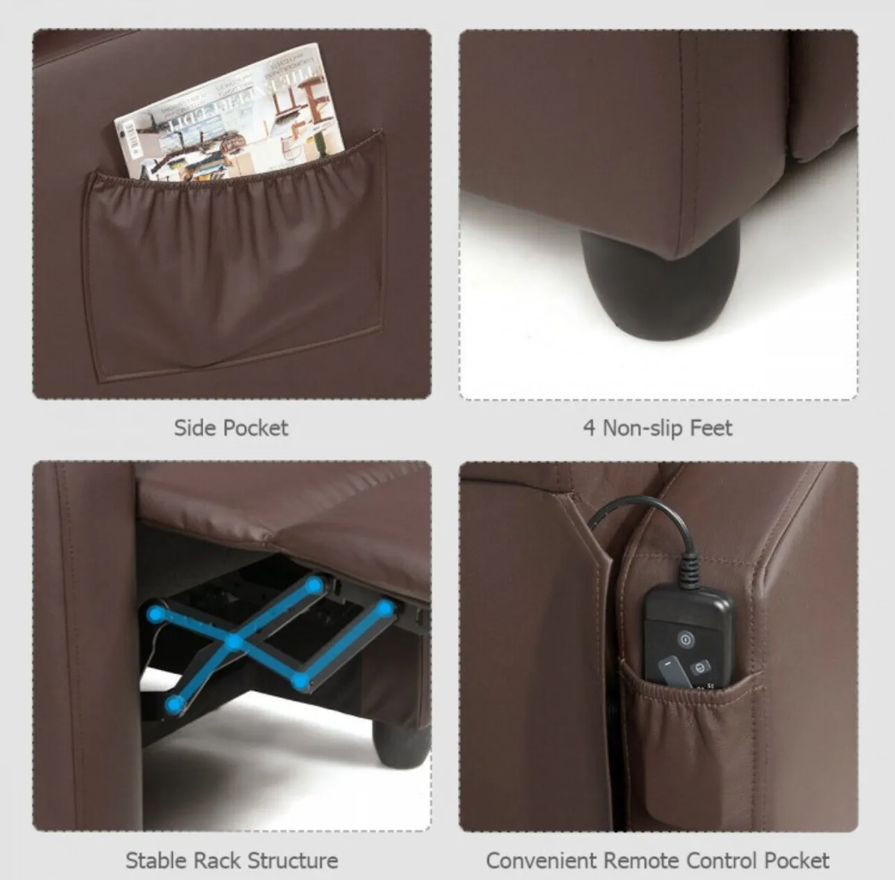 Heavy Duty Comfortable Massage Recliner Chair Wingback Single Chair With Side Pocket, Remote | 8 Massage Modes