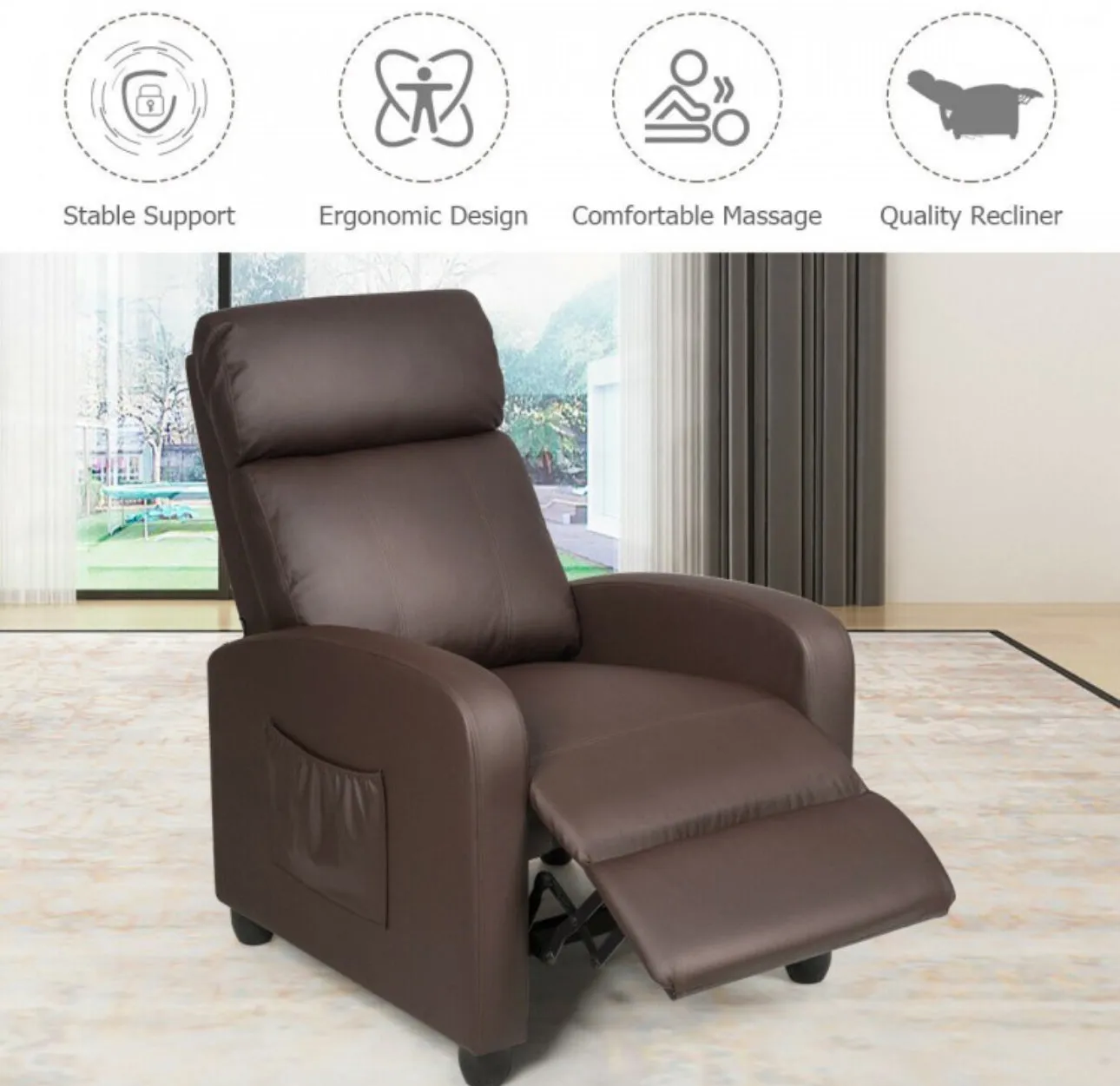 Heavy Duty Comfortable Massage Recliner Chair Wingback Single Chair With Side Pocket, Remote | 8 Massage Modes
