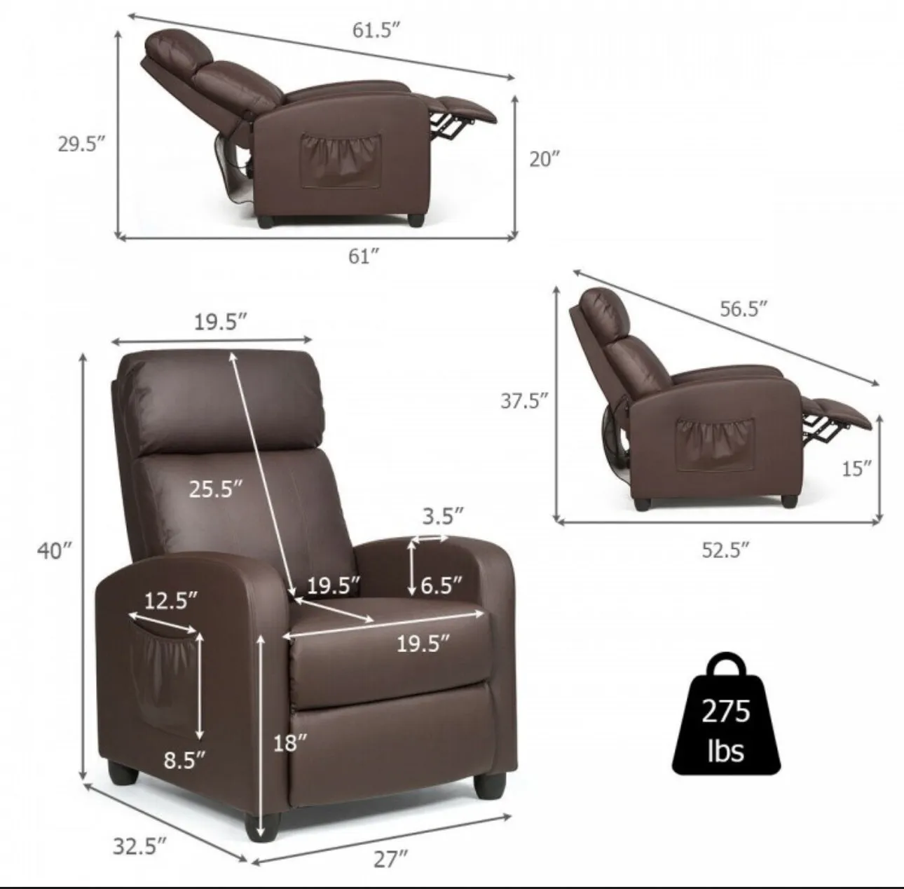 Heavy Duty Comfortable Massage Recliner Chair Wingback Single Chair With Side Pocket, Remote | 8 Massage Modes