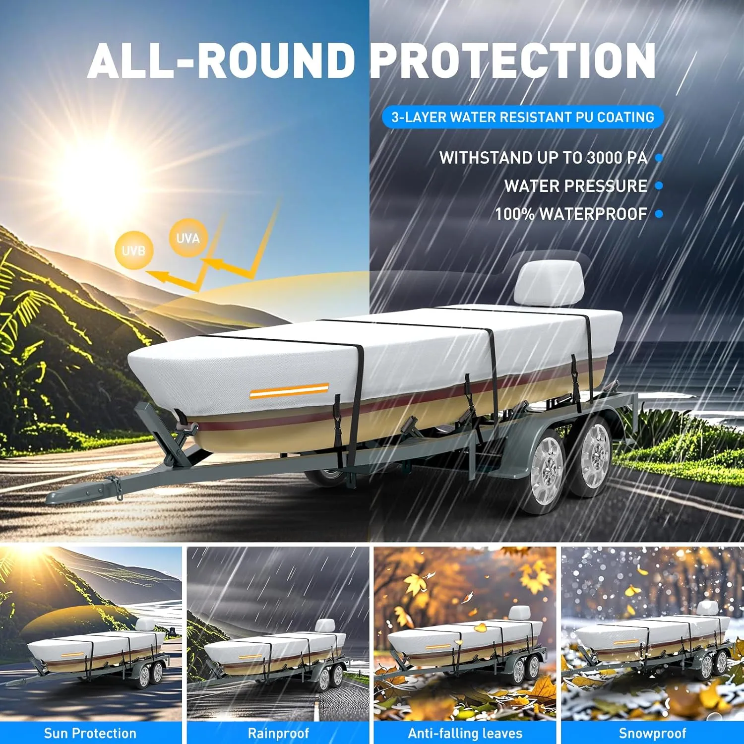 Heavy Duty Jon Boat Cover 14-16 ft - 100% Waterproof, UV-Resistant, Trailerable with Motor Cover & Storage Bag