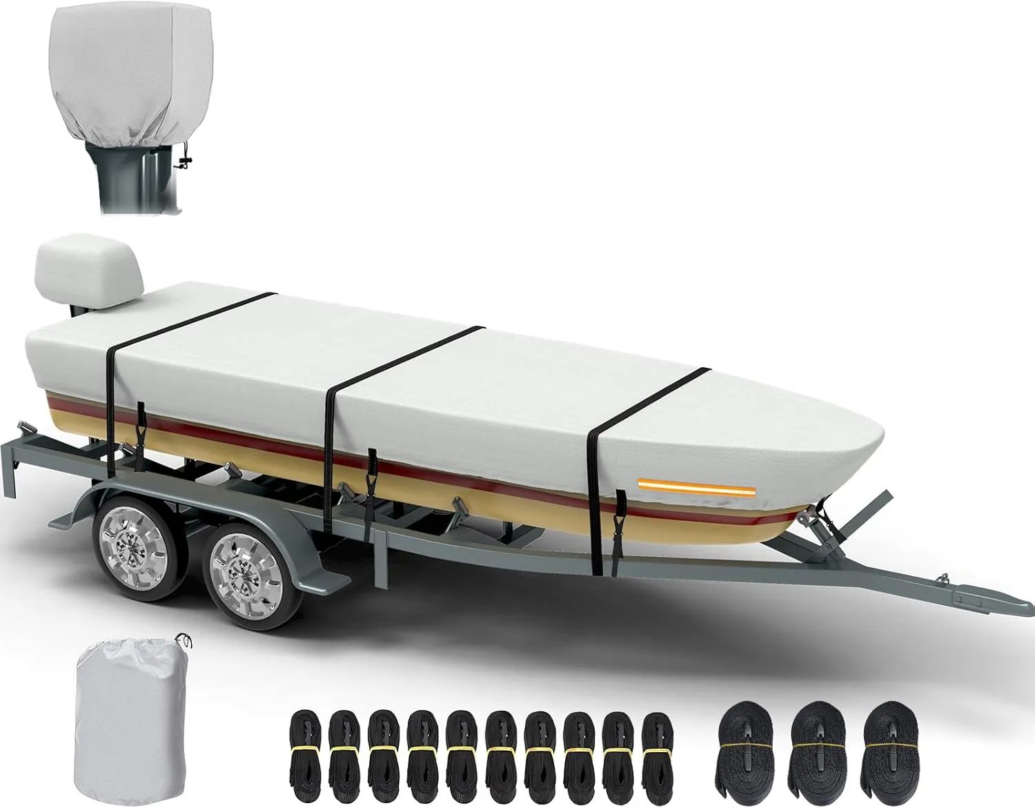 Heavy Duty Jon Boat Cover 14-16 ft - 100% Waterproof, UV-Resistant, Trailerable with Motor Cover & Storage Bag