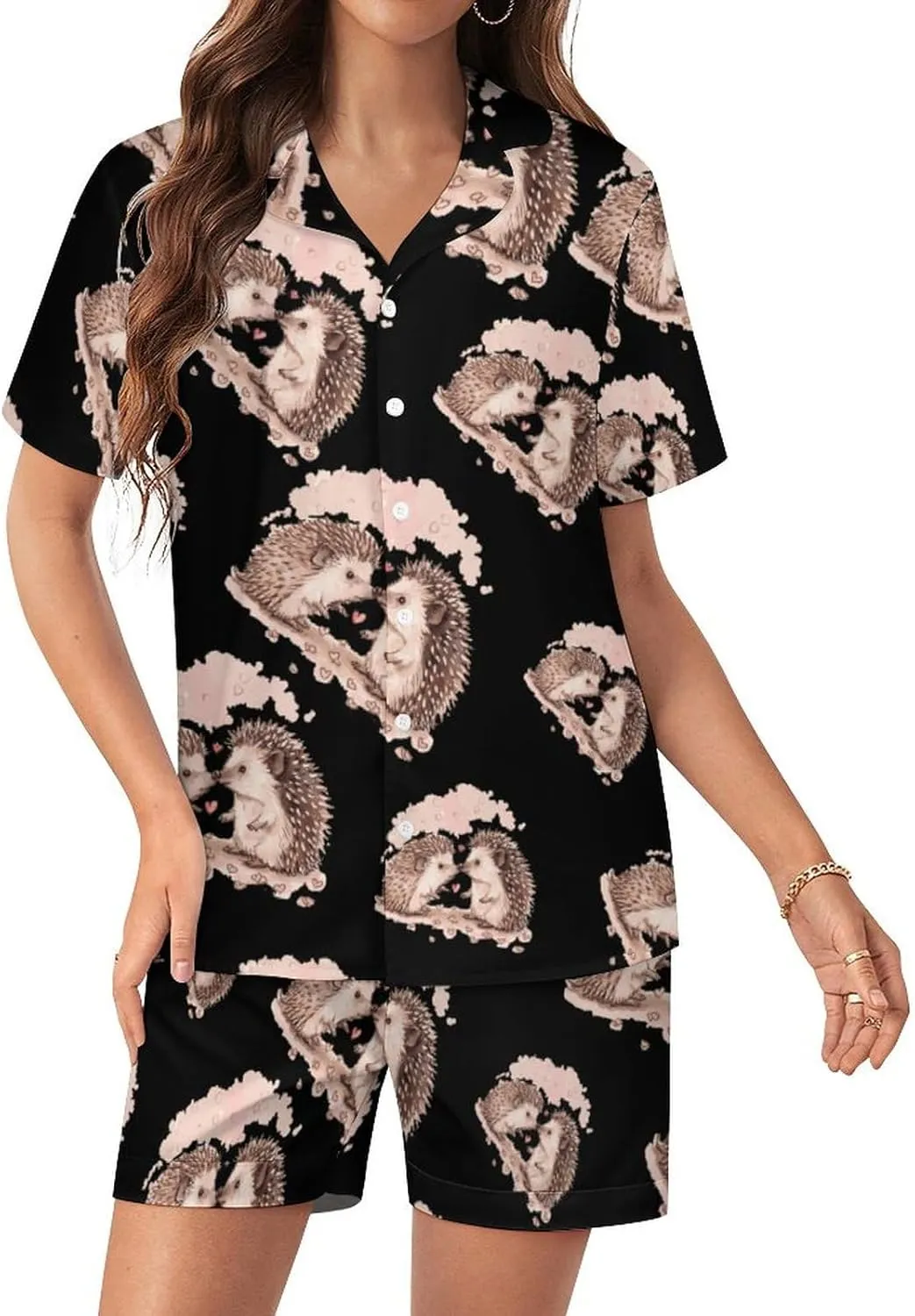 Hedgehog Love Women's Satin Pajama Set Short Sleeve Button Down Sleepwear Loungewear Pj Set