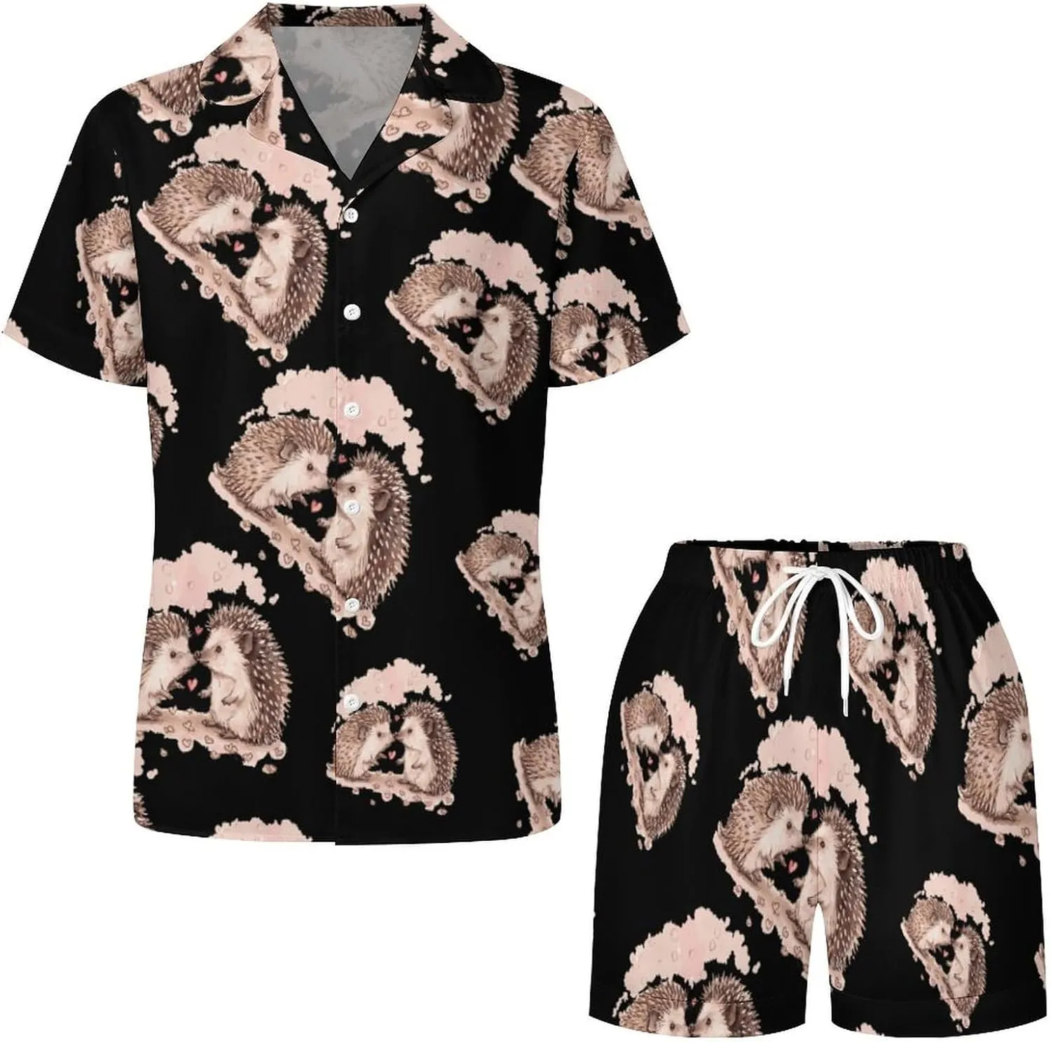 Hedgehog Love Women's Satin Pajama Set Short Sleeve Button Down Sleepwear Loungewear Pj Set