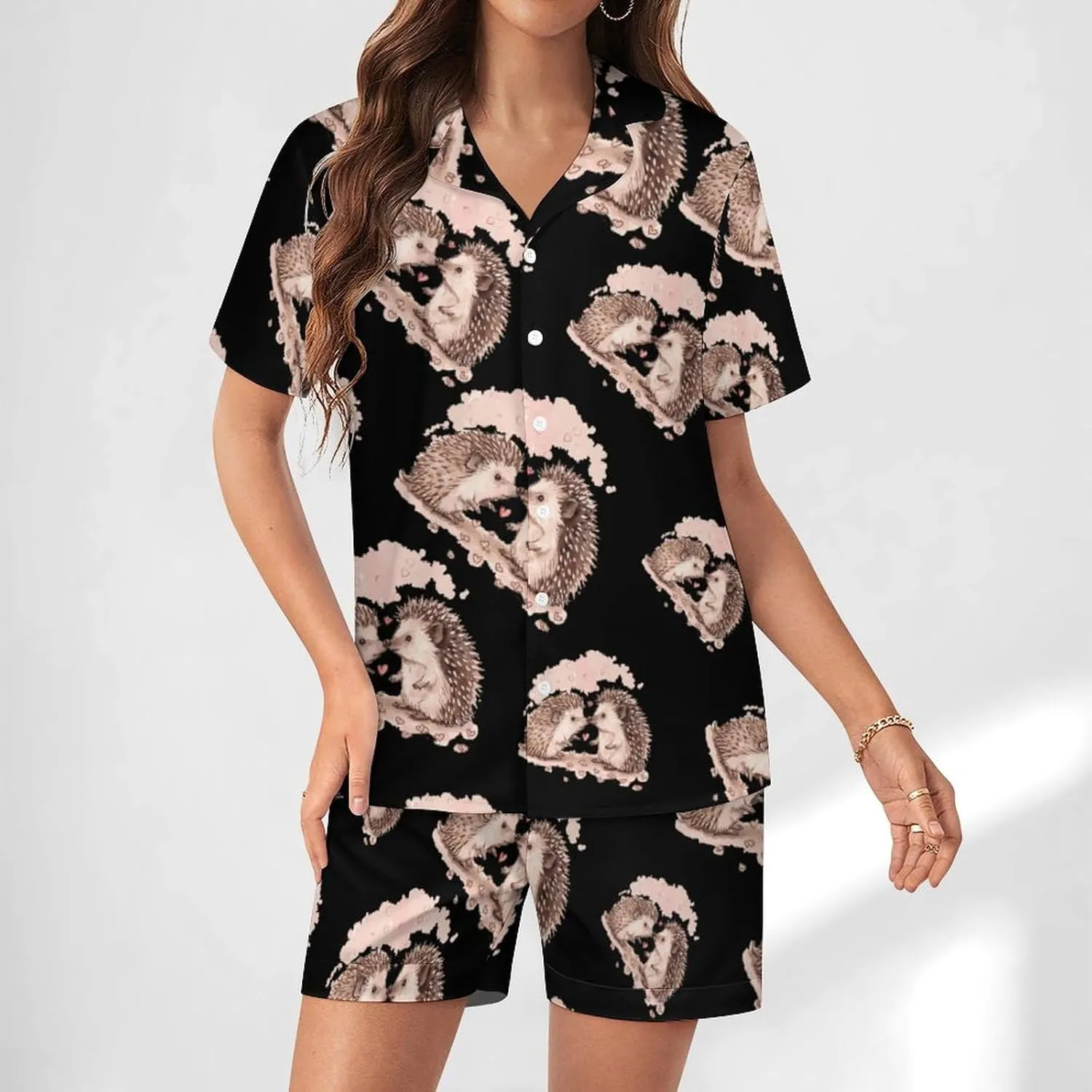 Hedgehog Love Women's Satin Pajama Set Short Sleeve Button Down Sleepwear Loungewear Pj Set