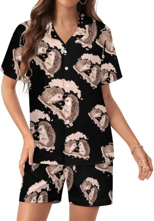 Hedgehog Love Women's Satin Pajama Set Short Sleeve Button Down Sleepwear Loungewear Pj Set