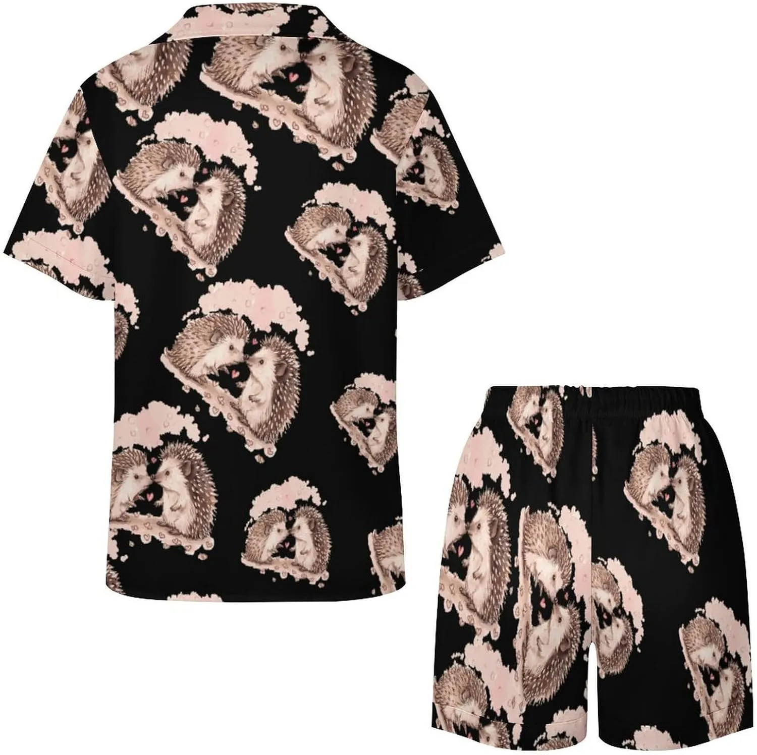 Hedgehog Love Women's Satin Pajama Set Short Sleeve Button Down Sleepwear Loungewear Pj Set
