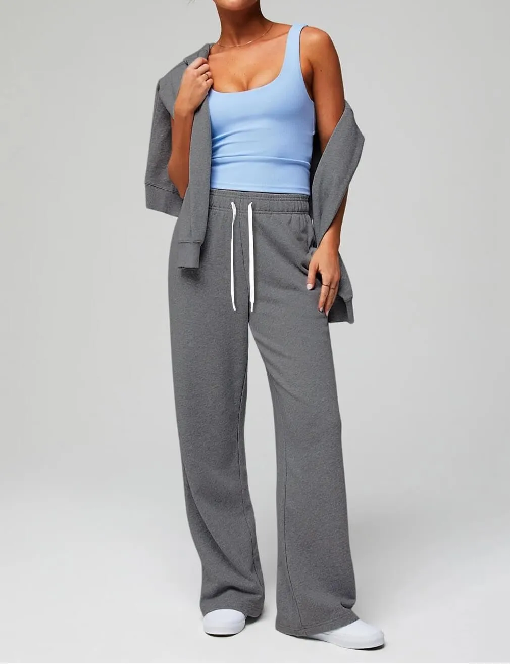 HeSaYep Women's Wide Leg Sweatpants Elastic High Waist Loose Sweat Pants Straight Leg Drawstring Trousers with Pockets