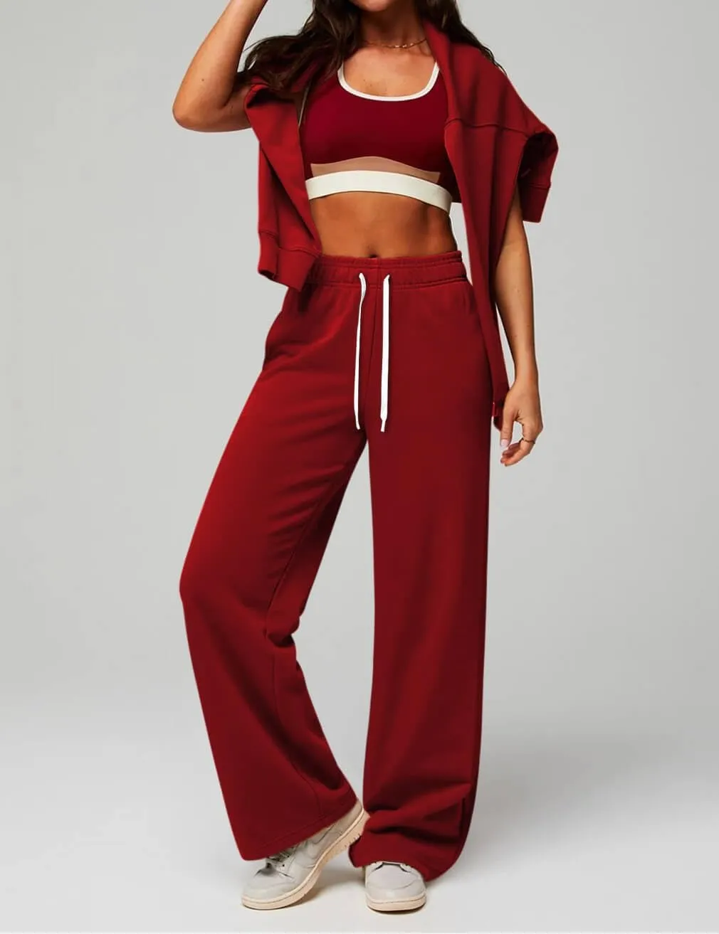 HeSaYep Women's Wide Leg Sweatpants Elastic High Waist Loose Sweat Pants Straight Leg Drawstring Trousers with Pockets