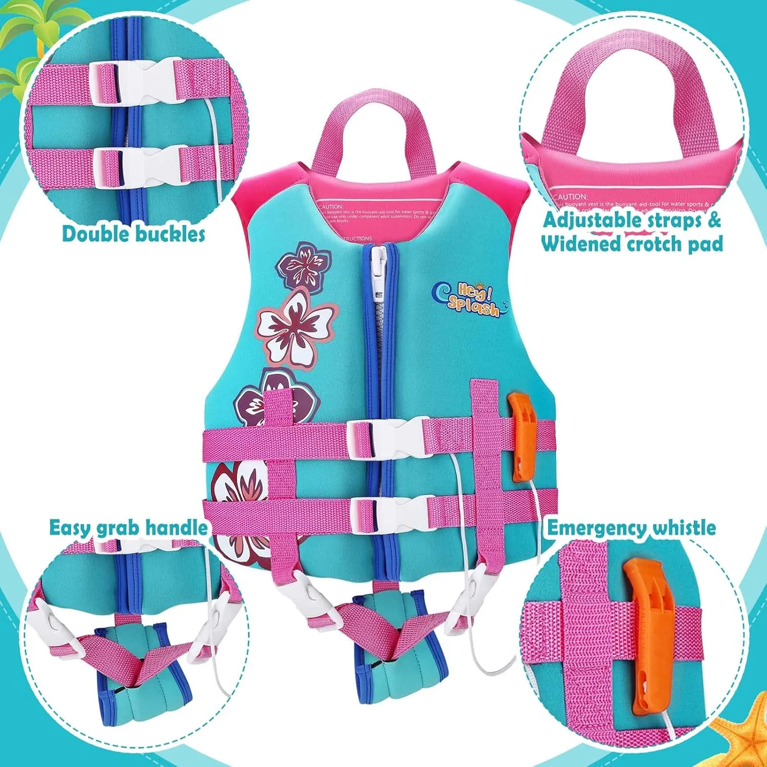 HeySplash Toddler Swim Vest, Kids Swimming Jacket Fit 30-50/50-80lbs, Child Floaties Vest wiht Safety Strap, Float Jacket for Girls/Boys on Pool,Beach,Boating, Learn to Swim Aid, M 3-6 Yrs/L 6-9 Yrs