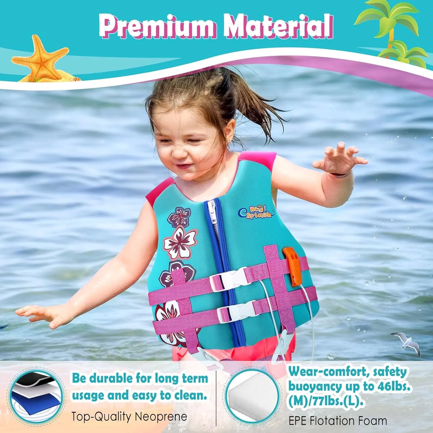 HeySplash Toddler Swim Vest, Kids Swimming Jacket Fit 30-50/50-80lbs, Child Floaties Vest wiht Safety Strap, Float Jacket for Girls/Boys on Pool,Beach,Boating, Learn to Swim Aid, M 3-6 Yrs/L 6-9 Yrs