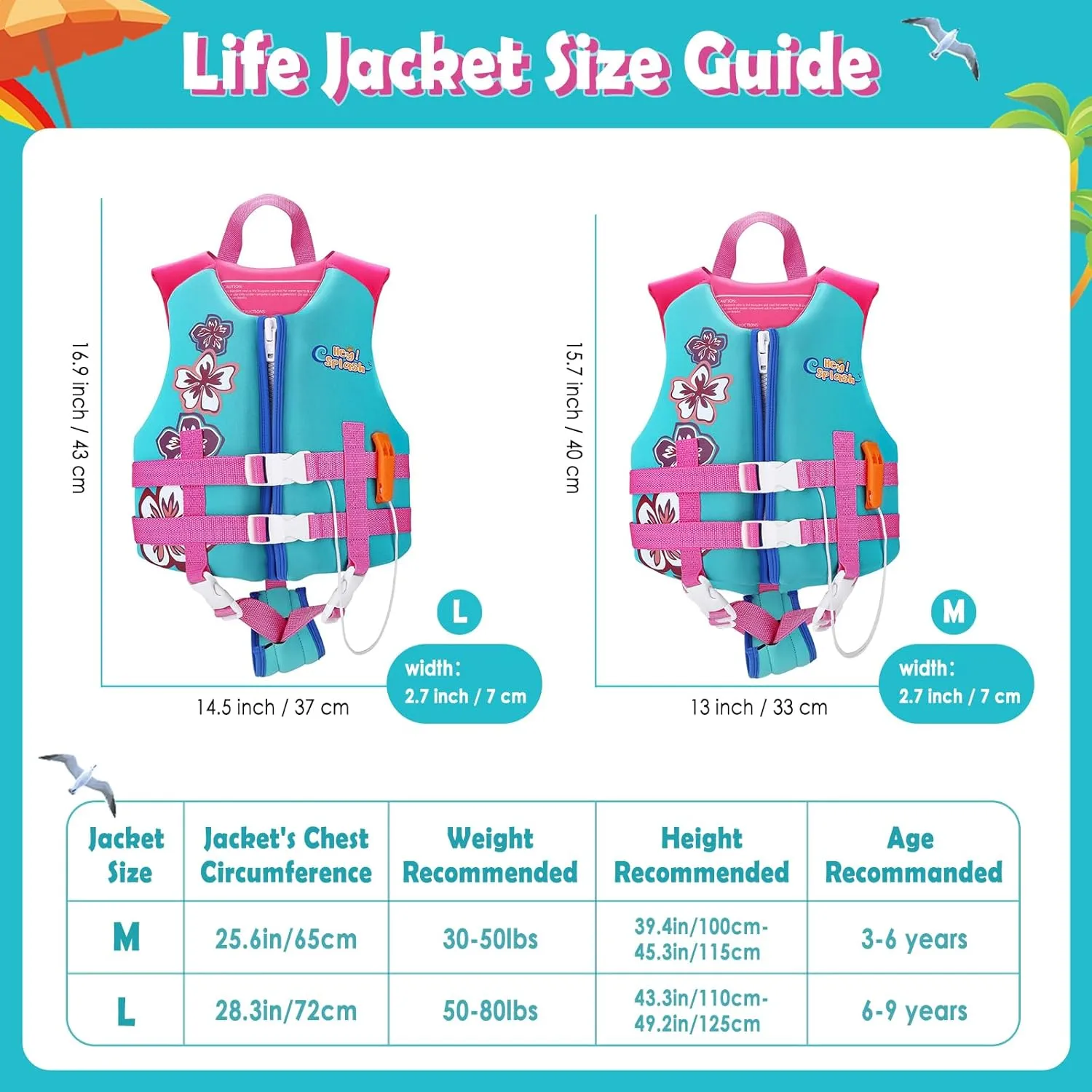 HeySplash Toddler Swim Vest, Kids Swimming Jacket Fit 30-50/50-80lbs, Child Floaties Vest wiht Safety Strap, Float Jacket for Girls/Boys on Pool,Beach,Boating, Learn to Swim Aid, M 3-6 Yrs/L 6-9 Yrs
