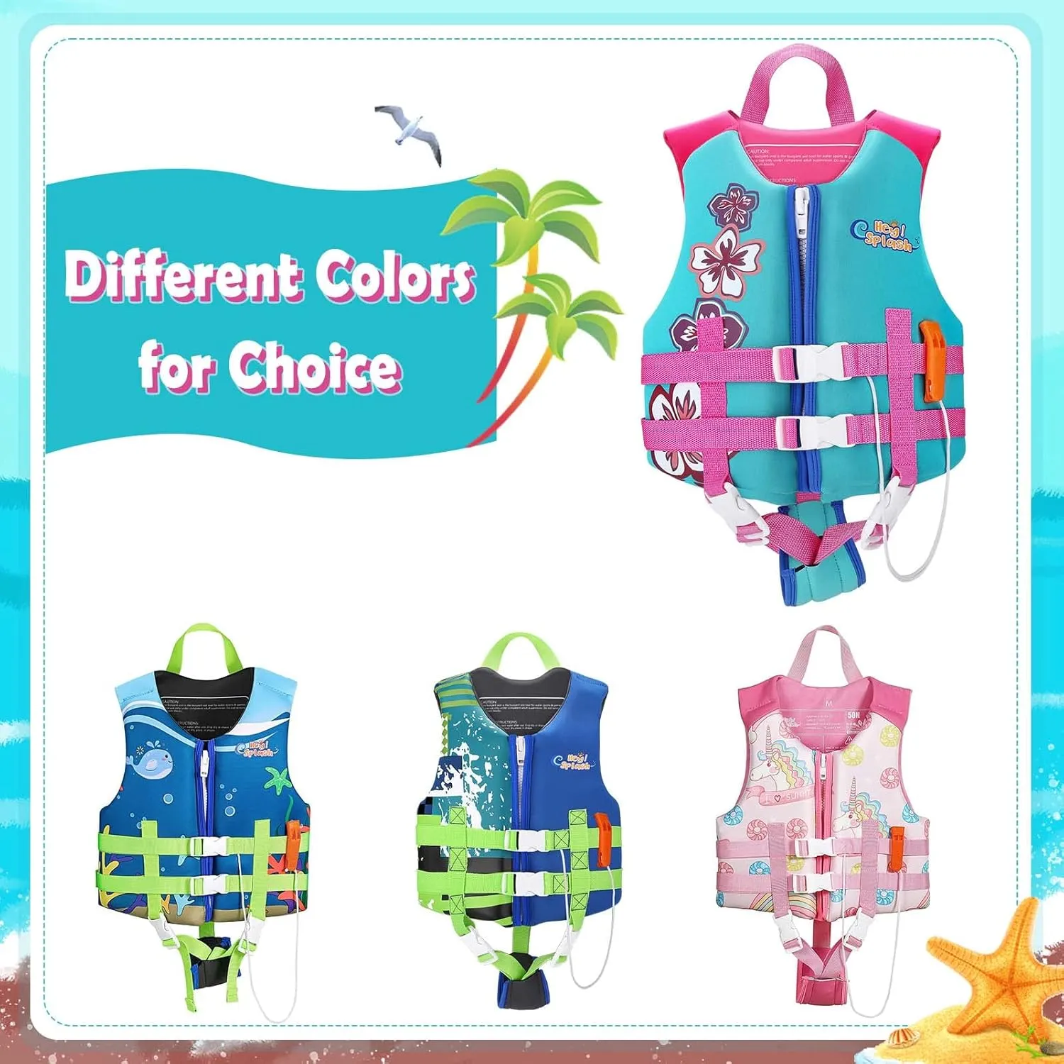 HeySplash Toddler Swim Vest, Kids Swimming Jacket Fit 30-50/50-80lbs, Child Floaties Vest wiht Safety Strap, Float Jacket for Girls/Boys on Pool,Beach,Boating, Learn to Swim Aid, M 3-6 Yrs/L 6-9 Yrs