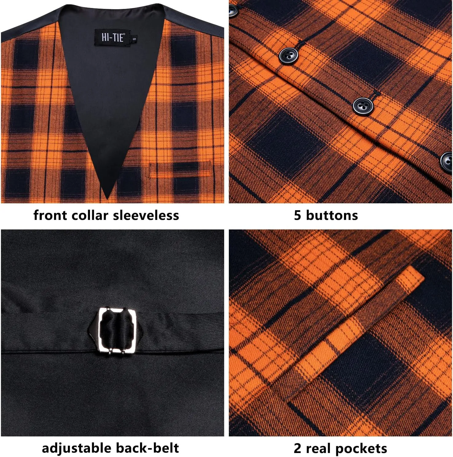 Hi-Tie Mens Plaid Solid V-Neck Suit Vest Slim Fit Waistcoat 3 Pockets Formal Casual Tuxedo for Wedding or Business