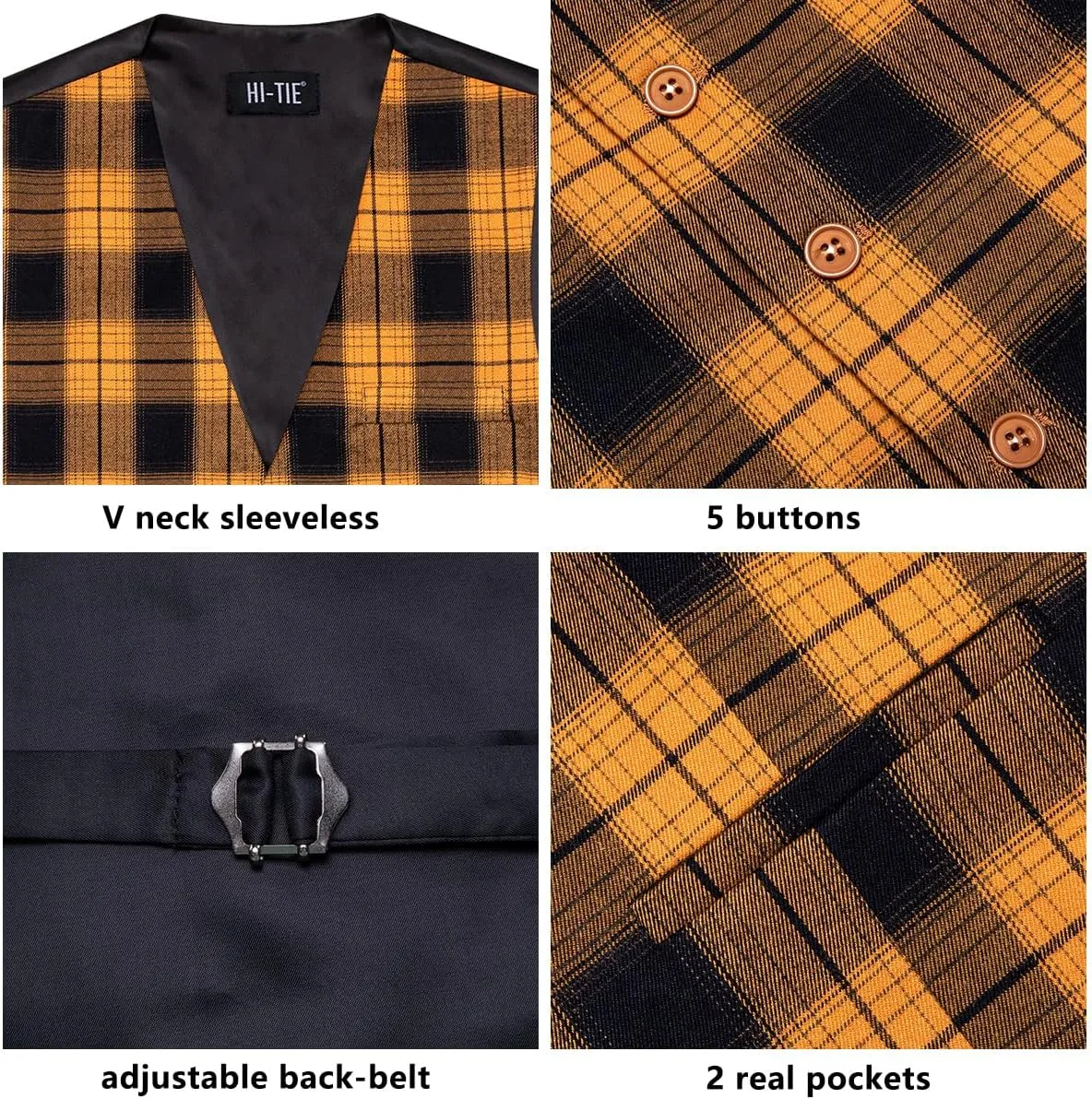 Hi-Tie Mens Plaid Solid V-Neck Suit Vest Slim Fit Waistcoat 3 Pockets Formal Casual Tuxedo for Wedding or Business