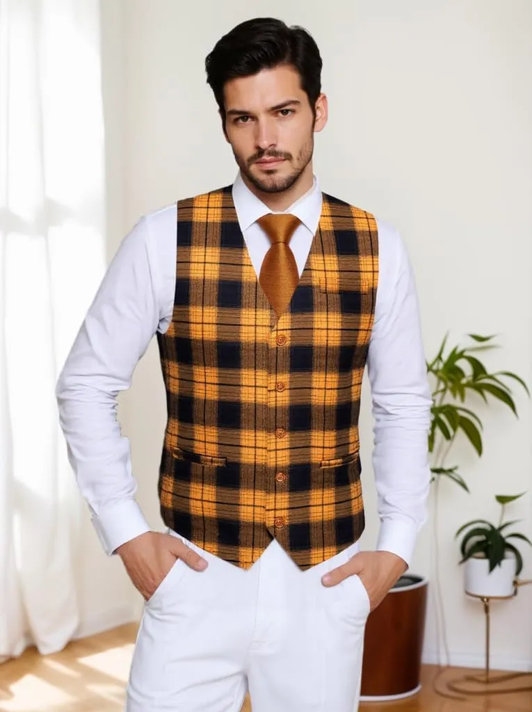 Hi-Tie Mens Plaid Solid V-Neck Suit Vest Slim Fit Waistcoat 3 Pockets Formal Casual Tuxedo for Wedding or Business