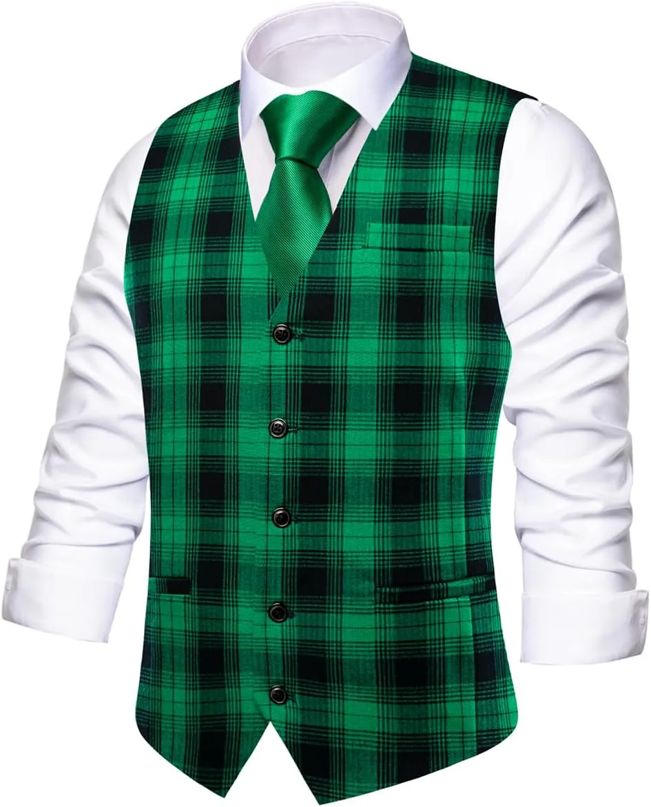 Hi-Tie Mens Plaid Solid V-Neck Suit Vest Slim Fit Waistcoat 3 Pockets Formal Casual Tuxedo for Wedding or Business