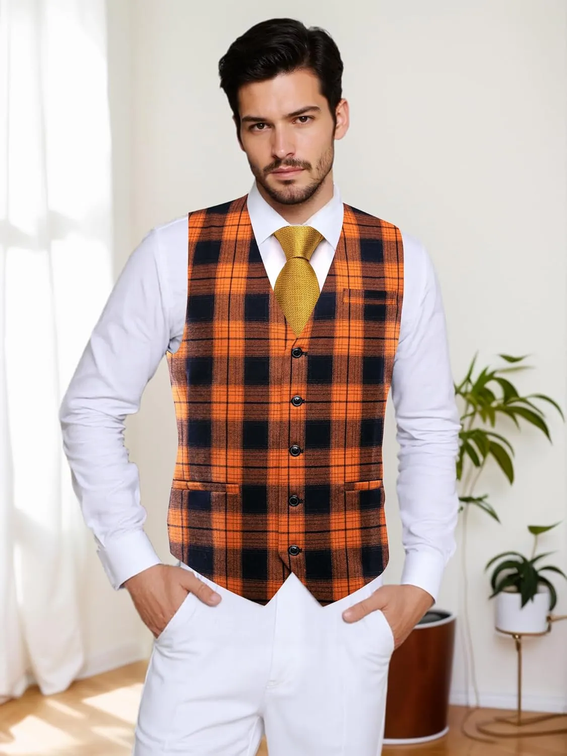 Hi-Tie Mens Plaid Solid V-Neck Suit Vest Slim Fit Waistcoat 3 Pockets Formal Casual Tuxedo for Wedding or Business