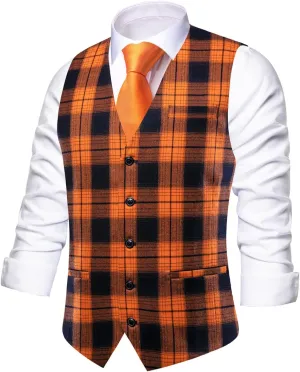 Hi-Tie Mens Plaid Solid V-Neck Suit Vest Slim Fit Waistcoat 3 Pockets Formal Casual Tuxedo for Wedding or Business