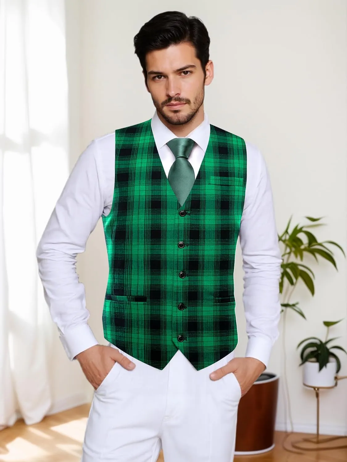 Hi-Tie Mens Plaid Solid V-Neck Suit Vest Slim Fit Waistcoat 3 Pockets Formal Casual Tuxedo for Wedding or Business