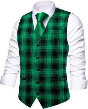 Hi-Tie Mens Plaid Solid V-Neck Suit Vest Slim Fit Waistcoat 3 Pockets Formal Casual Tuxedo for Wedding or Business