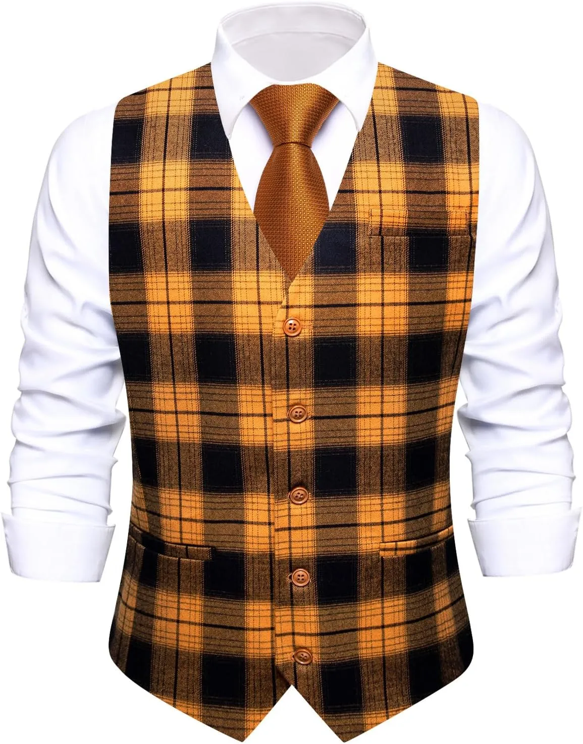Hi-Tie Mens Plaid Solid V-Neck Suit Vest Slim Fit Waistcoat 3 Pockets Formal Casual Tuxedo for Wedding or Business