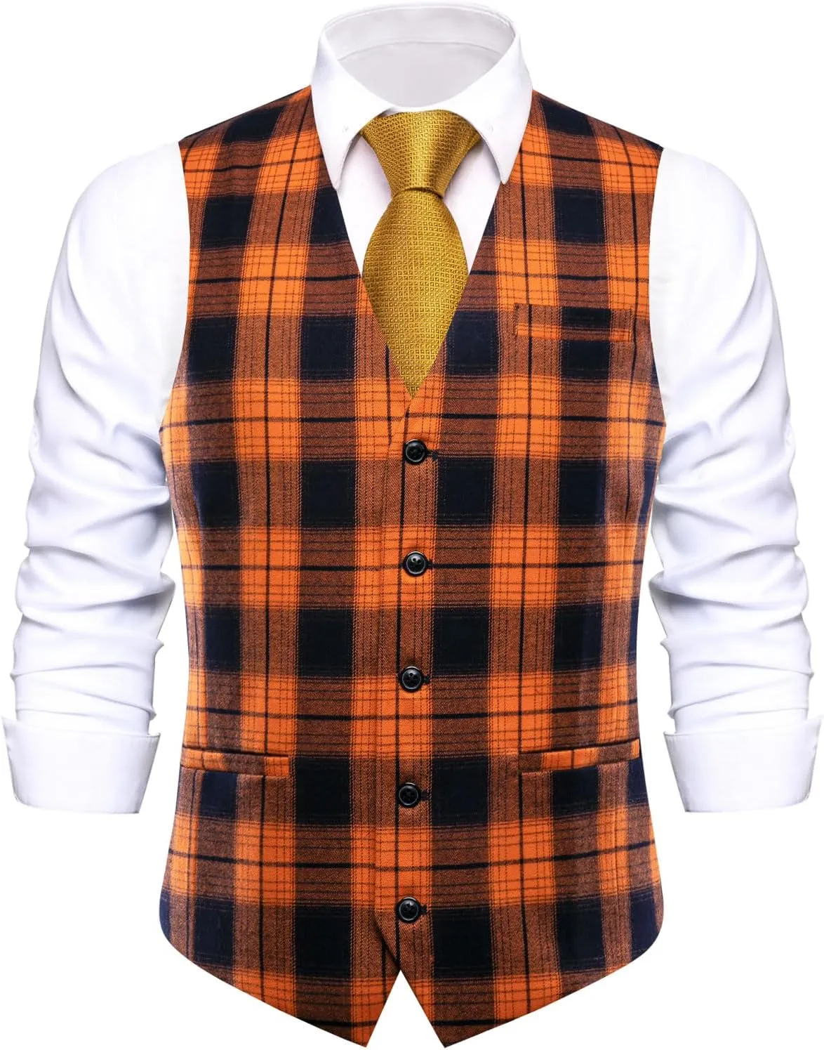 Hi-Tie Mens Plaid Solid V-Neck Suit Vest Slim Fit Waistcoat 3 Pockets Formal Casual Tuxedo for Wedding or Business