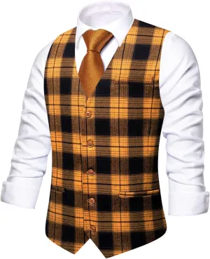 Hi-Tie Mens Plaid Solid V-Neck Suit Vest Slim Fit Waistcoat 3 Pockets Formal Casual Tuxedo for Wedding or Business