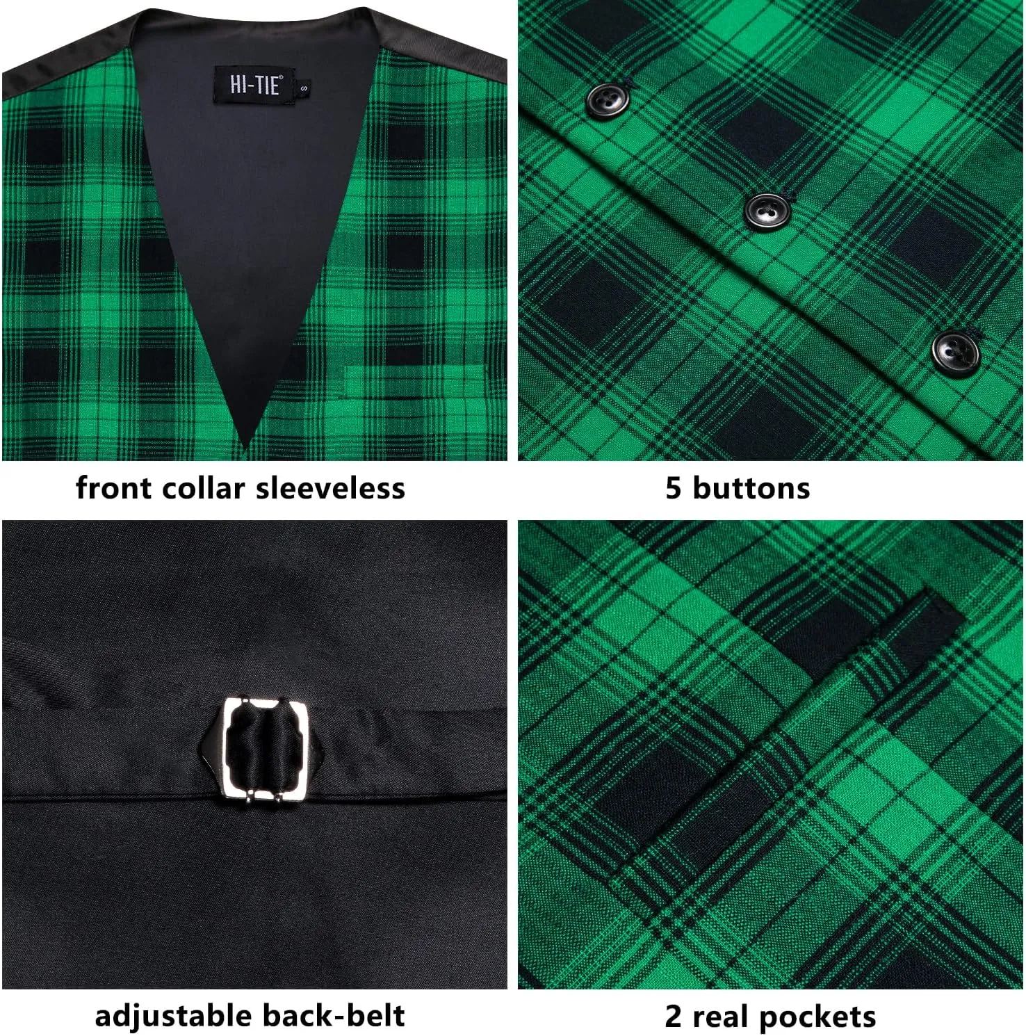 Hi-Tie Mens Plaid Solid V-Neck Suit Vest Slim Fit Waistcoat 3 Pockets Formal Casual Tuxedo for Wedding or Business