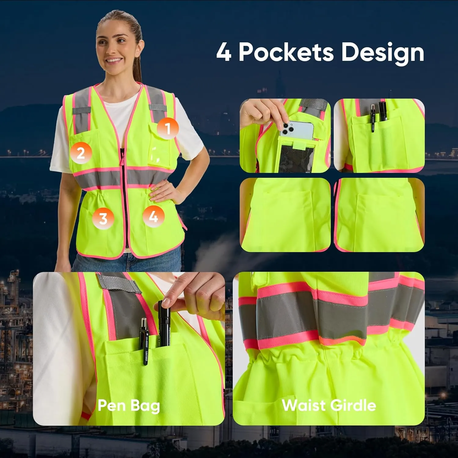 Hi Vis Safety Vest for Women,Working Drawstring Waist Construction Vest with Pockets and Zipper,Womens Safety Vest,ANSI Type R Class2