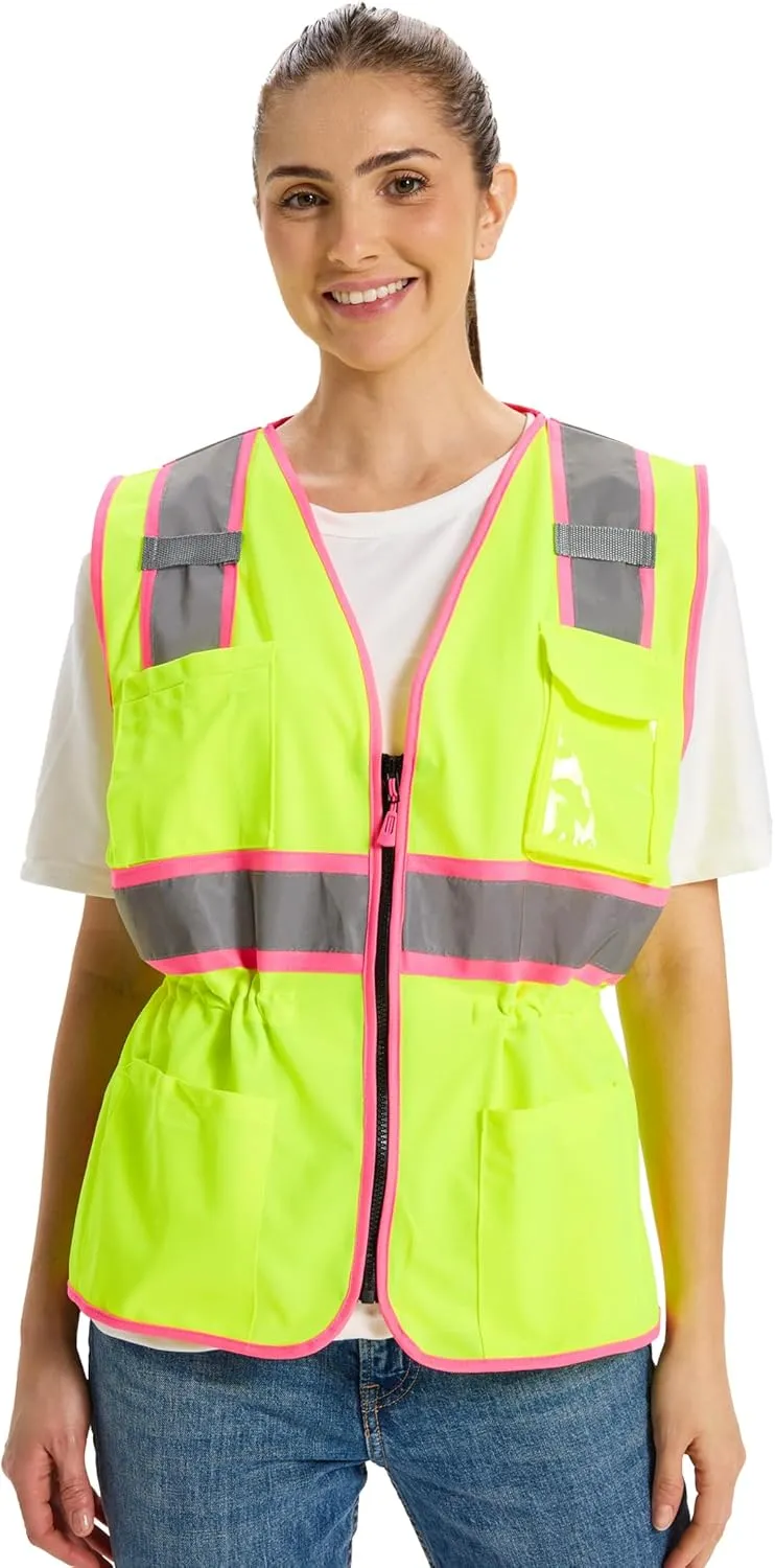 Hi Vis Safety Vest for Women,Working Drawstring Waist Construction Vest with Pockets and Zipper,Womens Safety Vest,ANSI Type R Class2