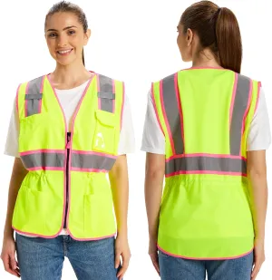 Hi Vis Safety Vest for Women,Working Drawstring Waist Construction Vest with Pockets and Zipper,Womens Safety Vest,ANSI Type R Class2