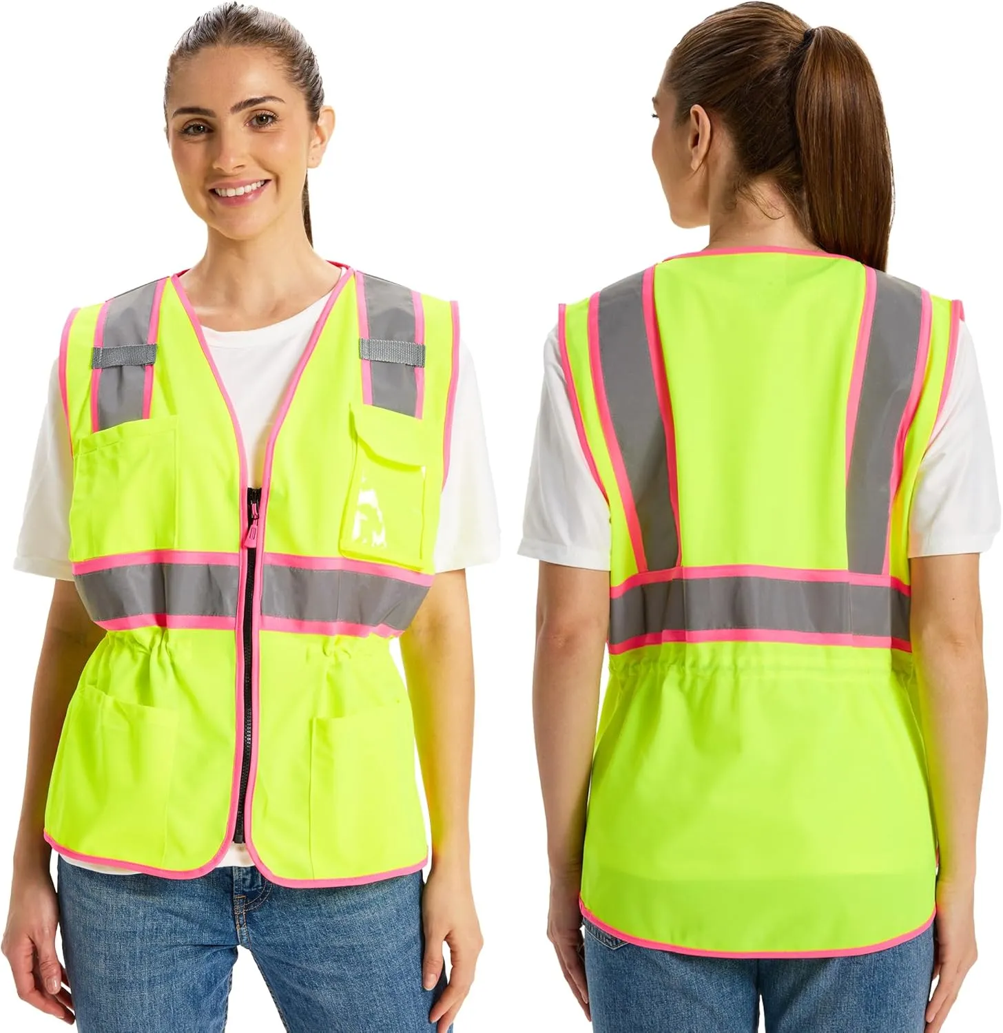 Hi Vis Safety Vest for Women,Working Drawstring Waist Construction Vest with Pockets and Zipper,Womens Safety Vest,ANSI Type R Class2