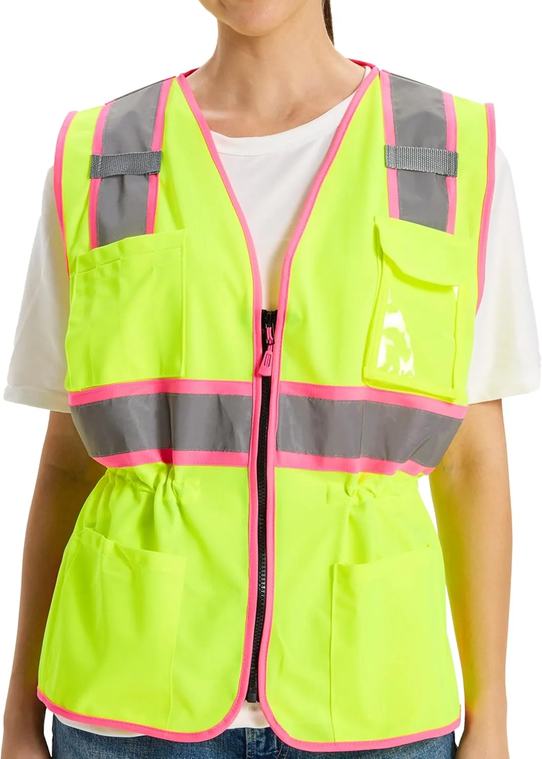 Hi Vis Safety Vest for Women,Working Drawstring Waist Construction Vest with Pockets and Zipper,Womens Safety Vest,ANSI Type R Class2