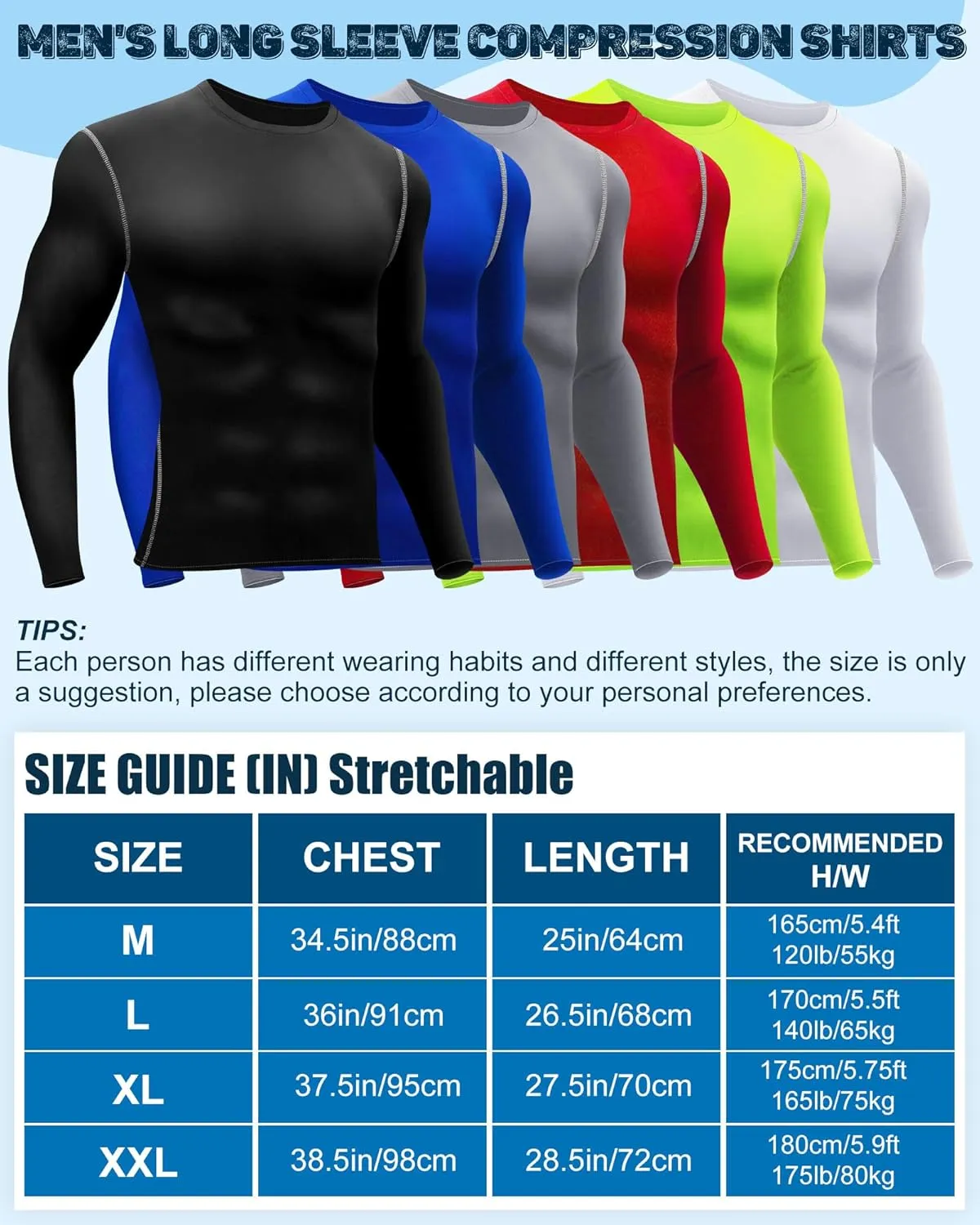 Hicarer 6 Pack Men's Athletic Compression Shirts Long Sleeve Workout Running Undershirt Thermal Sport Base Layer Top