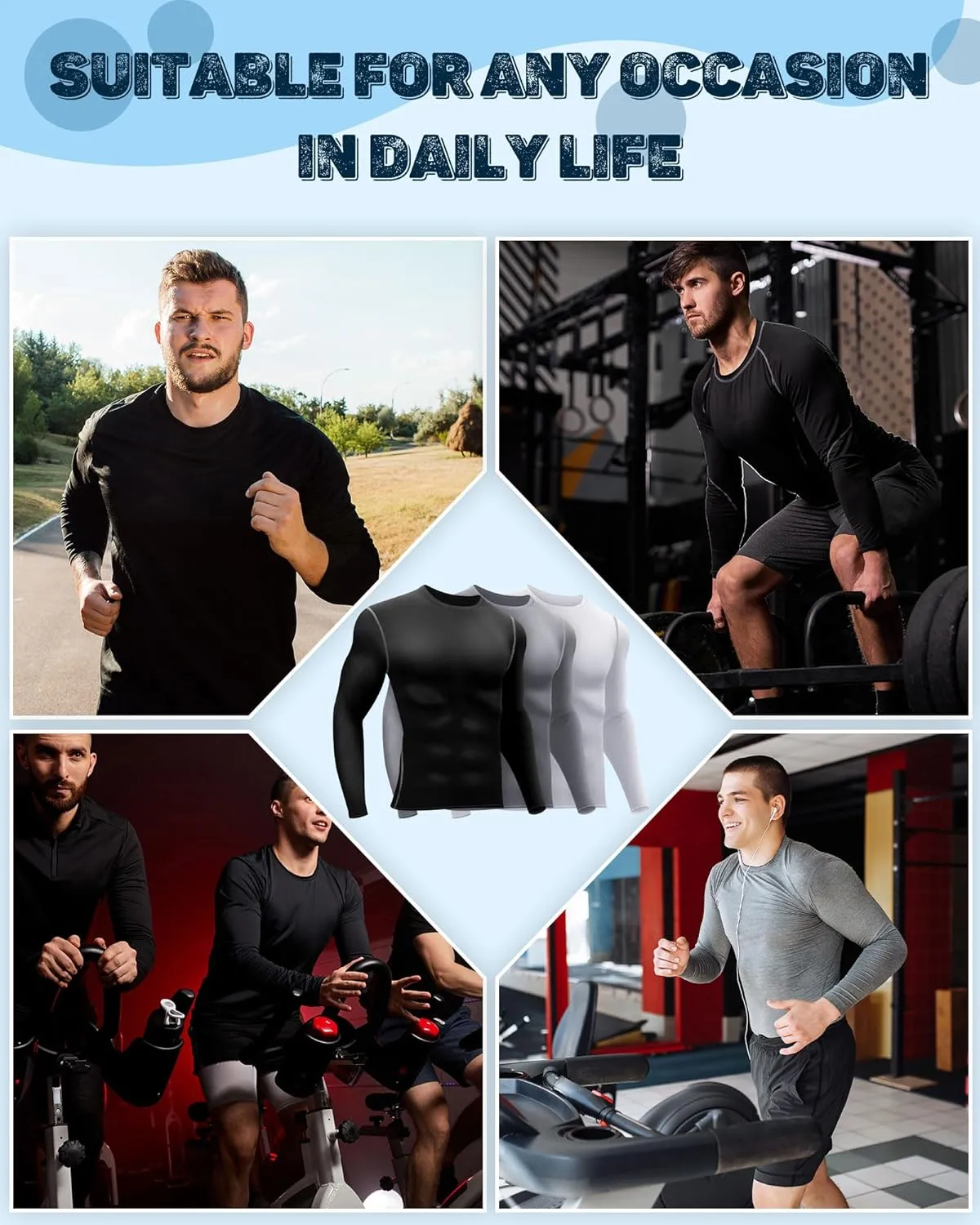 Hicarer 6 Pack Men's Athletic Compression Shirts Long Sleeve Workout Running Undershirt Thermal Sport Base Layer Top
