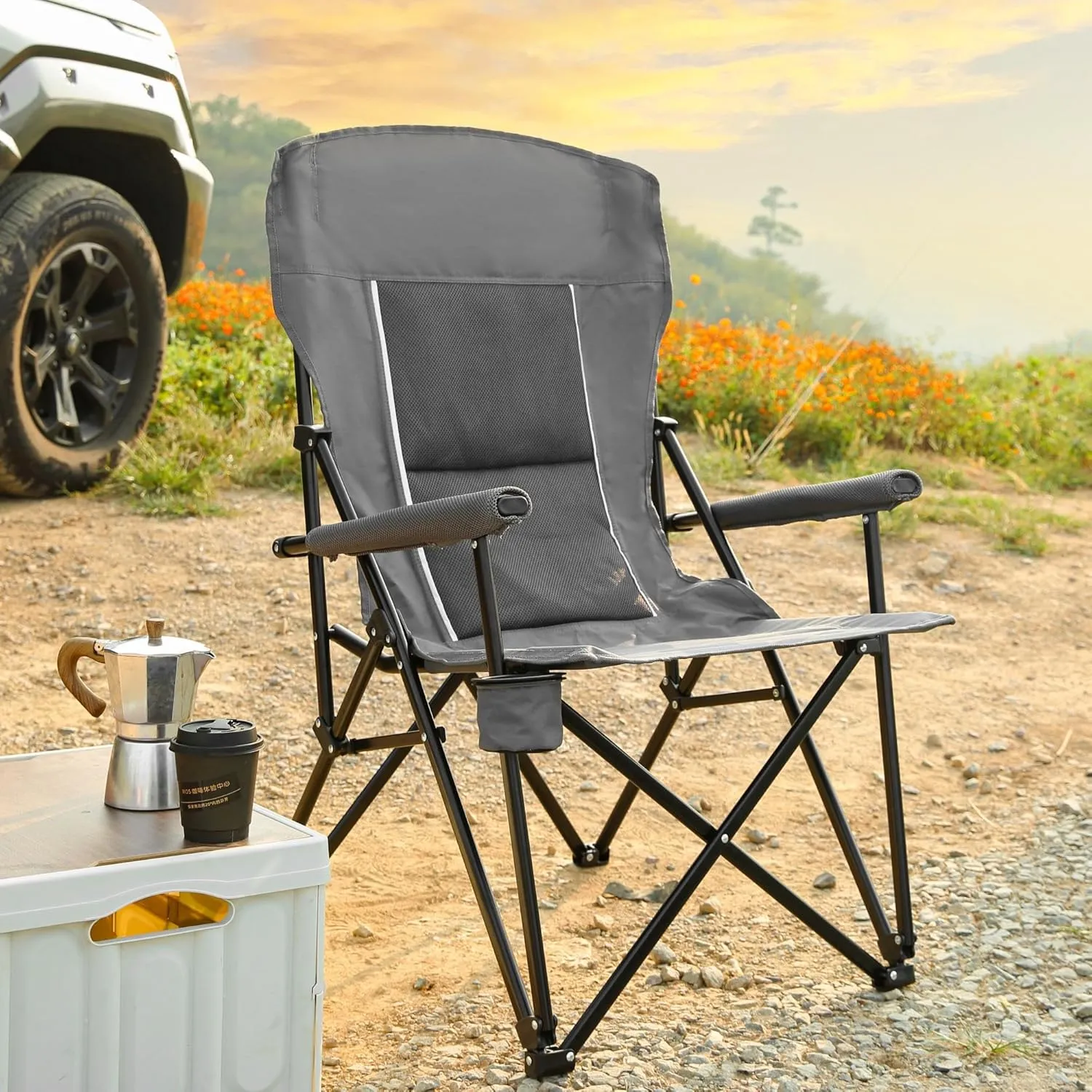 High Back Camping Chair Support 250LBS, Portable Collapsible Chair with Cup Holder, Gray