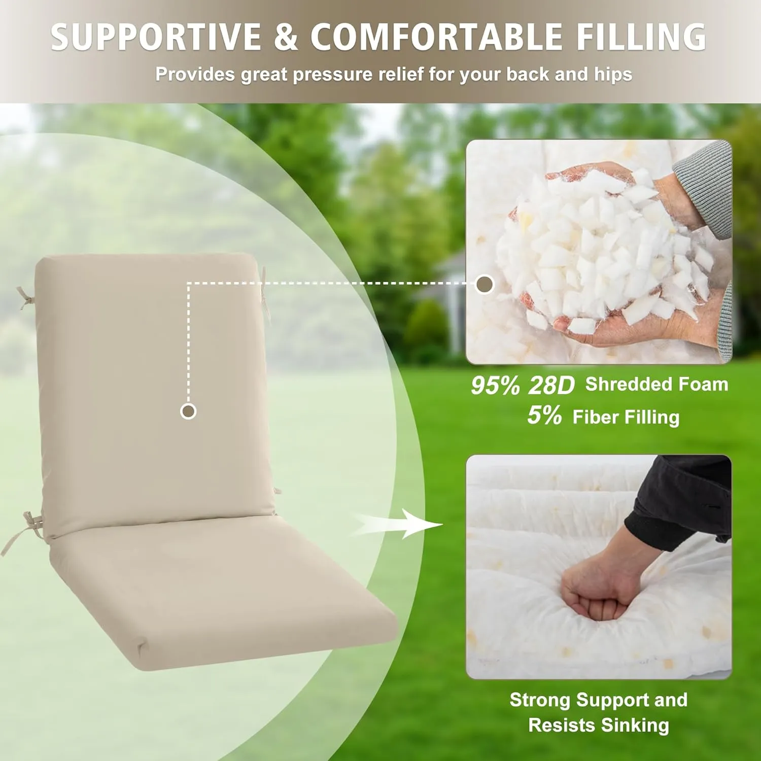 High Back Outdoor Chair Cushions 44''x20'' - Patio Dining Chair Cushions with Waterproof, Fade-Resistant, Removable & Machine-Washable Covers, Cream